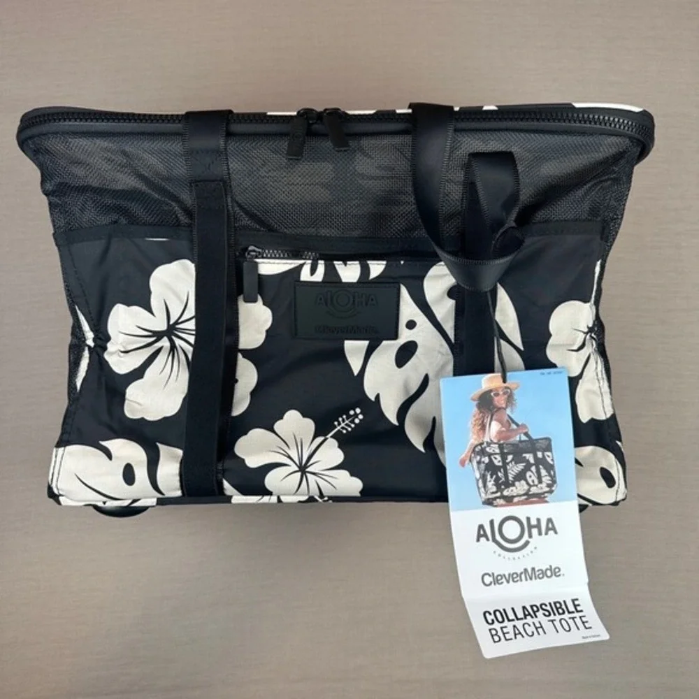 NEW Aloha Collection CleverMade Collapsible Beach Tote Bag - Floral Black